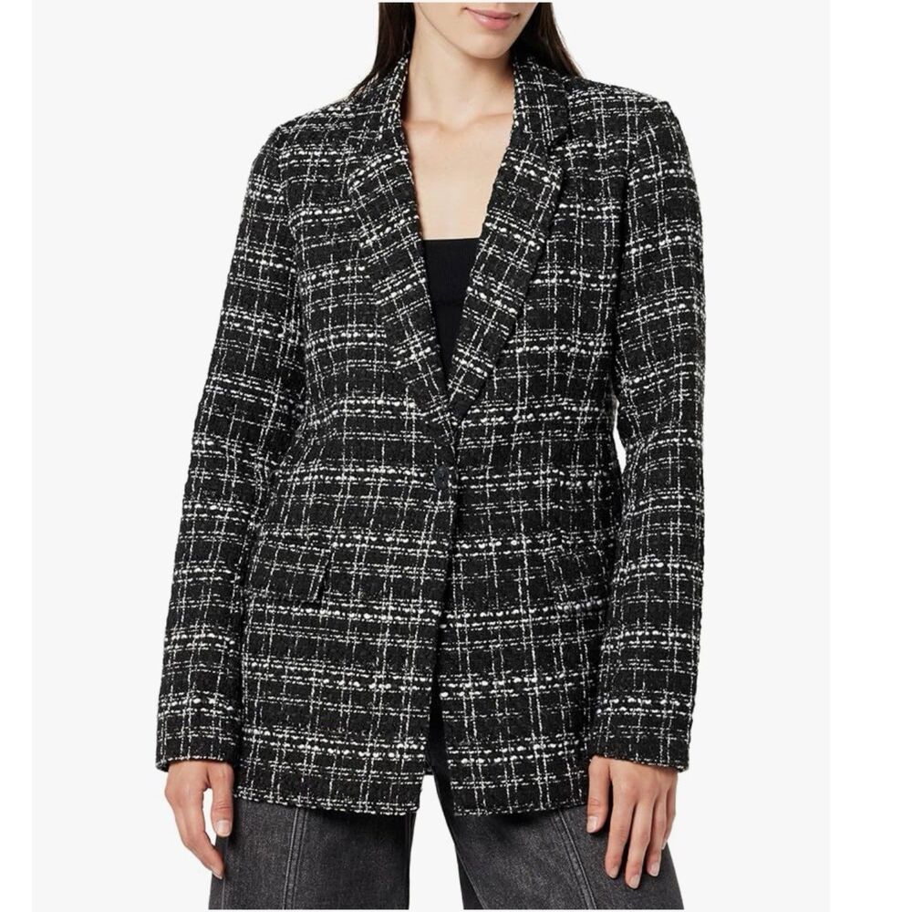 The Drop Blazer Womens Size XS Blake Long Plaid Single Breasted Black Boucle - Picture 1 of 14
